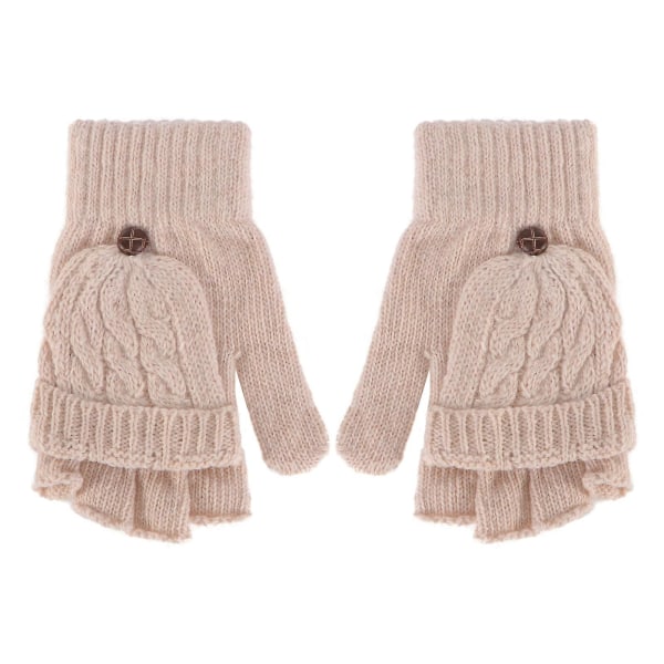 Kvinner, varm ullstrikkede konvertible fingerløse hansker med vottetrekk (beige) Beige
