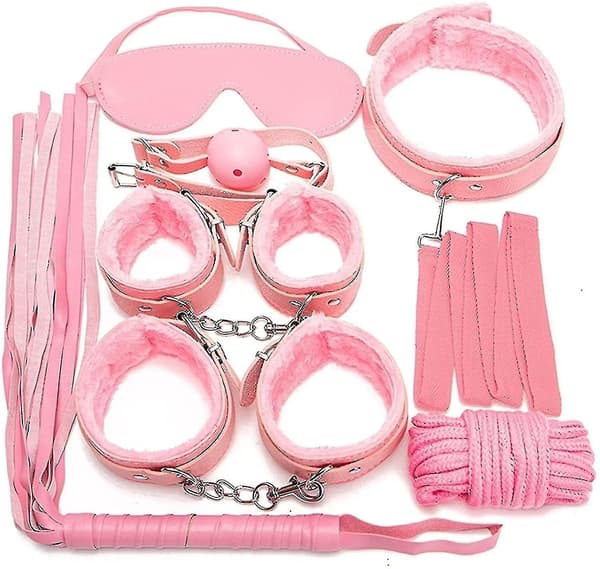 7 stk/sæt læder bondage-sæt til voksne, håndjern/piske/boldgag/reb/halsbånd BDSM