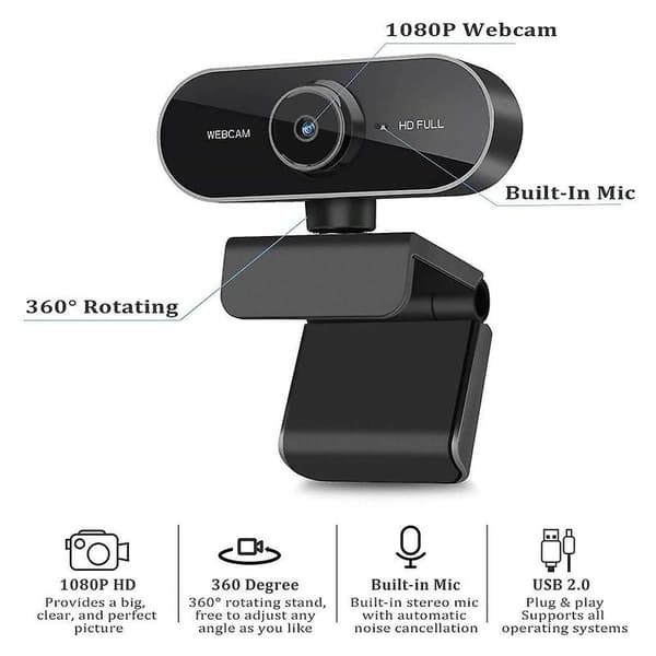 Webcam med mikrofon, 1080p kamera til PC laptop, USB-computerkamera
