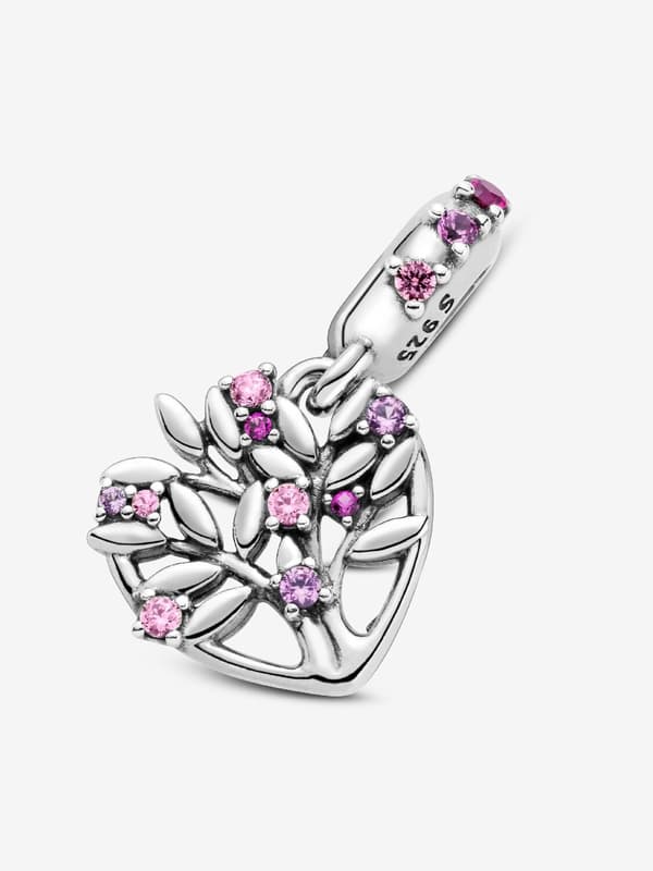 - Pink Heart Family Tree Dangle Charm - Sterling Silver