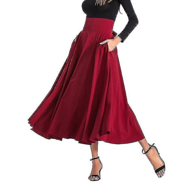 Naisten Swing pitkä hame laskostettu Holiday Maxi hameet Ruched Claret 3XL