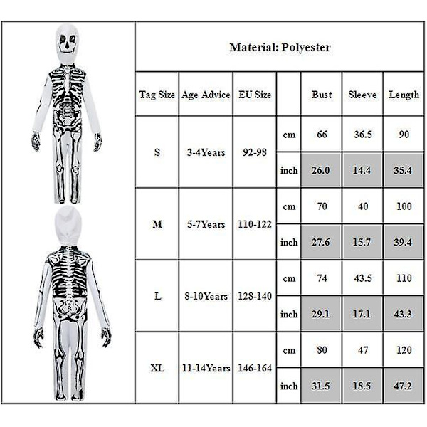 Lapset Pojat Tytöt Halloween Skeleton Cosplay-asu Body Cover Set Käsineet Naamio S