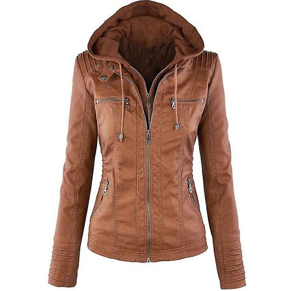 Kvinnor Motorcykel Huva Pu Läder Biker Jacka Kappa Ytterkläder Brown XL