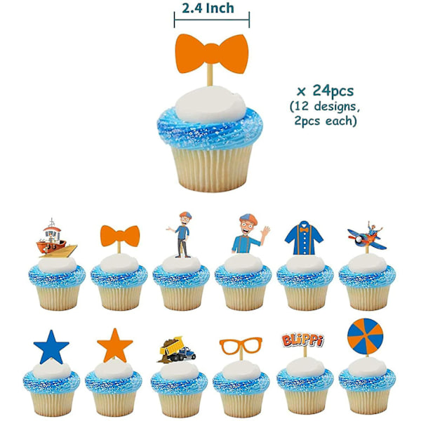 Syntymäpäiväjuhlatarvikkeet 68 kpl set , sis. 1 kpl Blippi Happy Birthday Bannerin, 24 kpl lateksiilmapalloja, 24 kpl kuppikakkupäällyksiä, 1 kpl kakkupäällystä