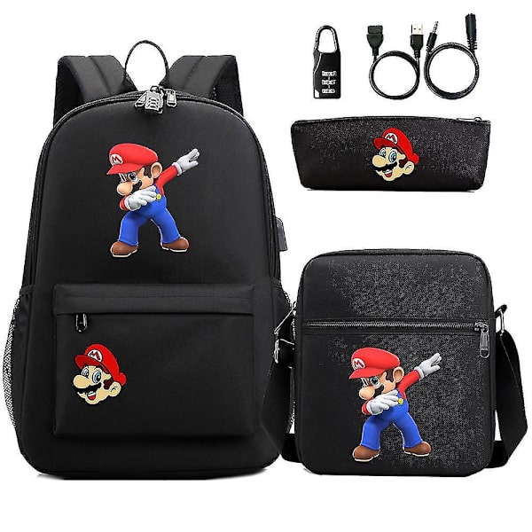 Super Mario 3d Print Usb Anti-tyverilås rygsæk sæt - 3 stk til unge, studerende, mænd og kvinder - afslappet rejsetaske 4