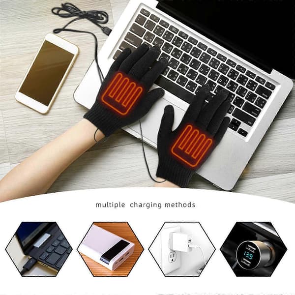 1 par USB-drevne strikkehansker med varme, vaskbare vinterhansker, USB-oppvarmede hansker for menn og kvinner Black