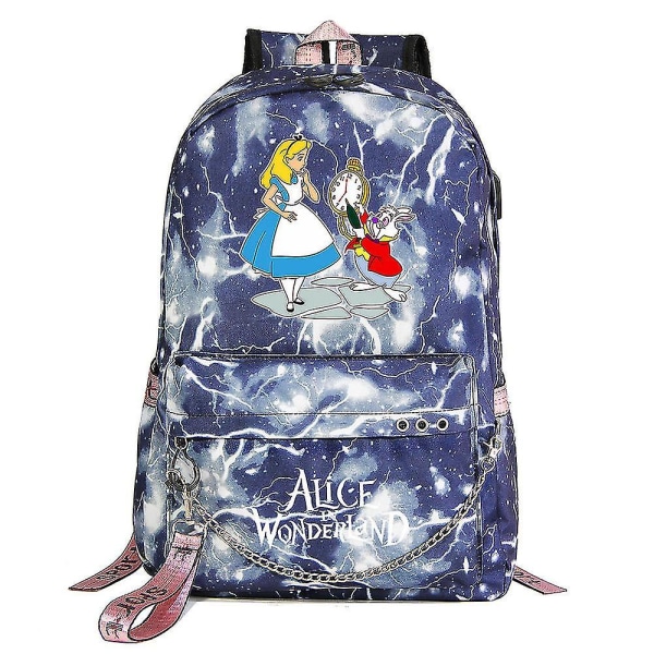 Alice In Wonderland Ryggsäck För Pojkar Flickor Barn Skolboksväskor Med USB kedja, Canvas Laptopväska för män väska Packsäck Bokväska För Dam 6