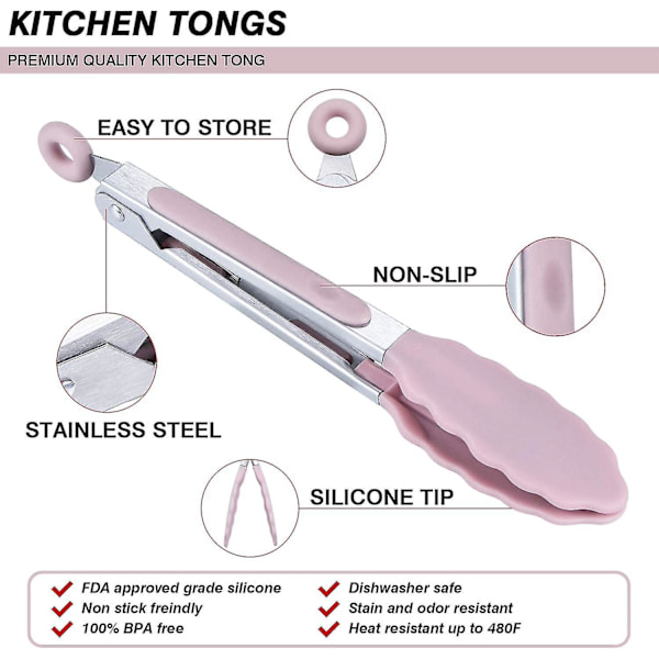 Silikon serveringstång 21cm set om 3 - Rosa biffstång grilltång rosa buffétång