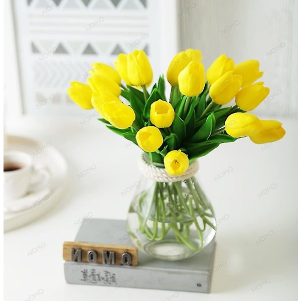 10 stk Imponerende realistisk Touch Pu kunstig tulipanbukett med stilk-gul yellow