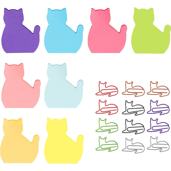 240 arkkia (8 tyynyä) Kissan tarralaput, luova kissan muotoinen set tarralaput ja 12 kpl satunnaisia ​​värillisiä söpöjä kissan paperiliittimiä