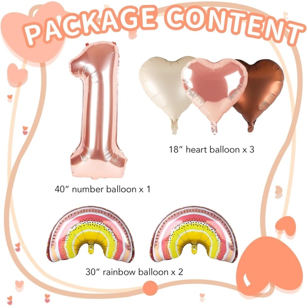6 kpl Boho Rainbow Balloon, 40" Rose Gold vuoden ikäinen set ensimmäiseksi syntymäpäiväksi, Boho syntymäpäiväkoristeet, sateenkaarisydänfolioheliumilmapallot