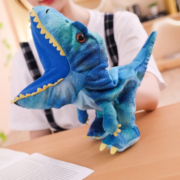 Pehmoinen dinosauruksen käsinukkelelu, avoin liikkuva suu roolileikille Lahja lapsille Blue One Size