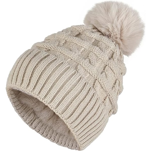 Bobble Hat til Kvinder Vinter Hue Hatte Termisk Fleece Foret Hat Dame Strikket Uld Hatte med Faux Fur Pom Pom Beige