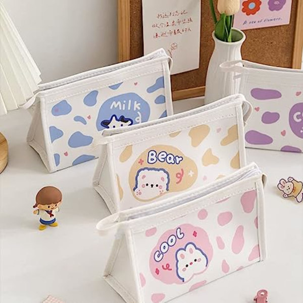 Ko case PU läder Söt tecknad djur penna påse Blå case Kosmetikväska Stationär Kawaii pennask