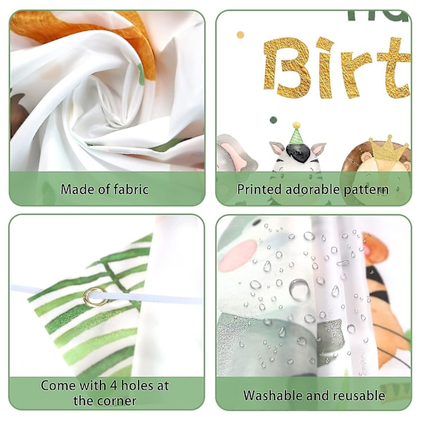 Djungel Safari Fest Dekorationer - Grattis på födelsedagen Banner Bakgrund - Pojkar - 180 X 110cm Satin Grönska - Söta Djur Tema Designad Bakgrund