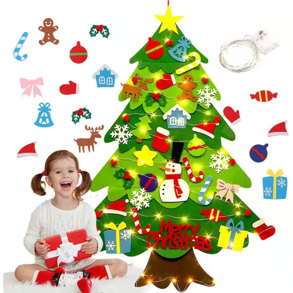 1 bit julgran för barnfilt, DIY-julgran, 5 meter älva ljus, 32 avtagbara dekorationsbitar, julklapp