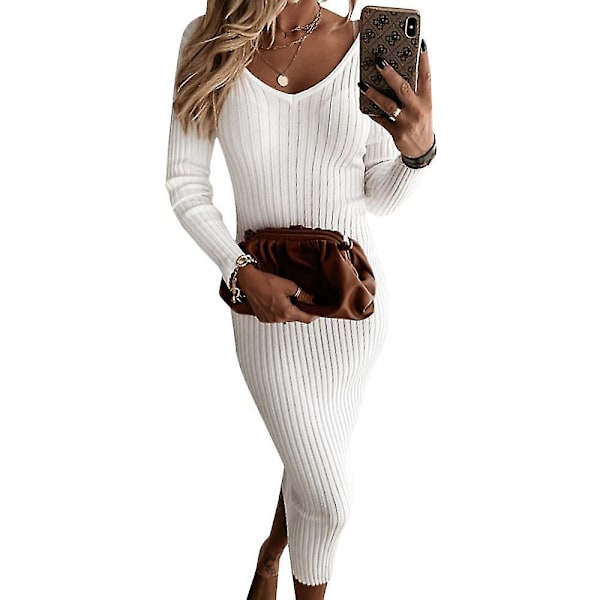 Kvinder Ribstrikket V-hals Langærmet Bodycon Sweater Stretch Slim Fit Midikjole White XL