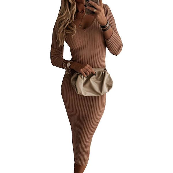 Naisten resorineulottu V-pääntie, pitkähihainen Bodycon villapaita Stretch Slim Fit Midi-mekko Camel L