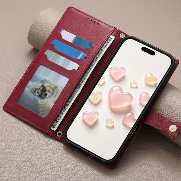 Plånboksfodral för Samsung Galaxy S10+/S10 Plus med kortfack, blixtlåsficka, PU-läder, flipfodral med handledsrem för män och kvinnor red