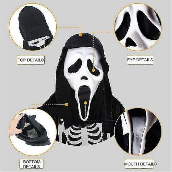 Scream Maske med Sort Hætte Spøgelse Ansigt Halloween Maskerade Tilbehør