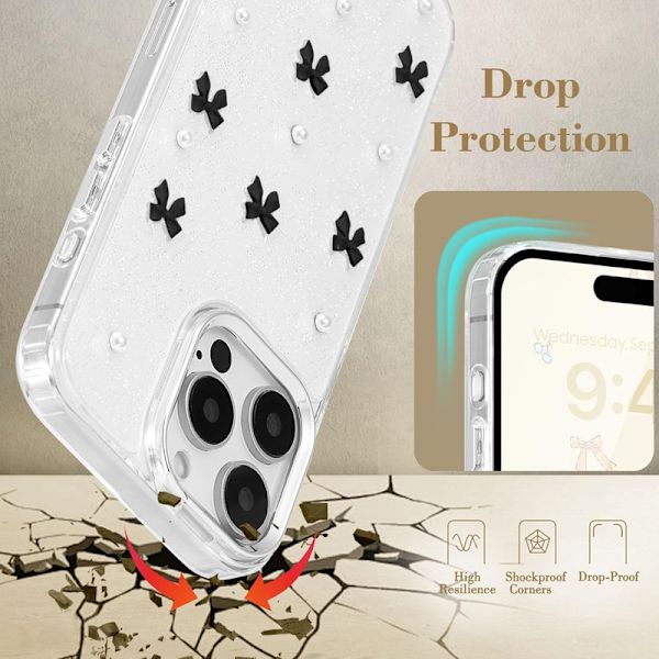 Skal för iPhone 15 Pro Max, Bling Glitter 3D Rosett Mobilskal Sött Glittrigt Kristallklart Rosett Slim Mjukt Tåligt Skyddande Fodral Svart Black iPhone 15 Pro Max