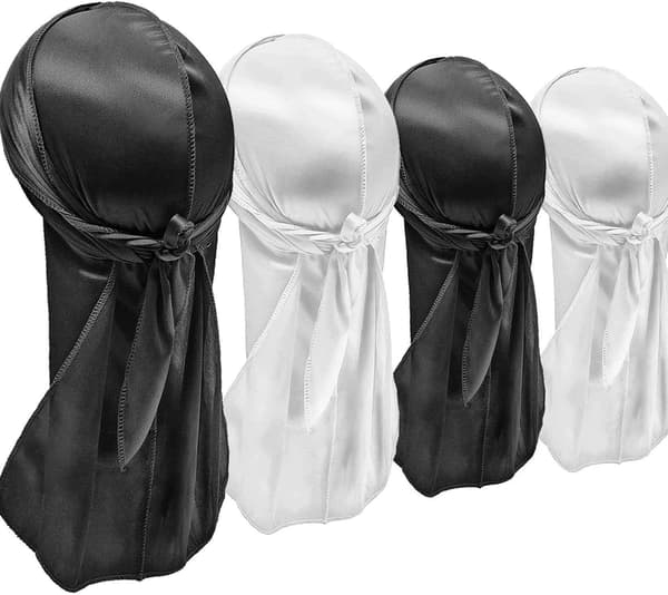 4 stk Silke Durag Durags til Mænd og Kvinder (2 x Sort, 2 x Hvid)