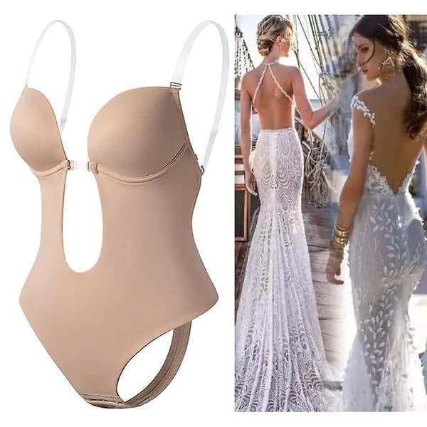 Kvinnlig Kroppsshaper Slips Rygglös BH T-string Midjetränare U-ringad Underklänning Shapewear Black XL