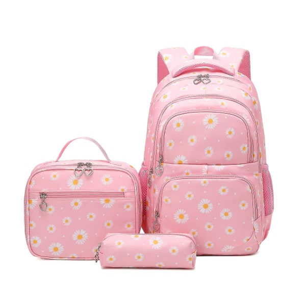 Rygsæksæt med frokostsæt, bogtaske til teenagepiger, 3-delt gradient skoletaske til grundskoleelever (lyserød)