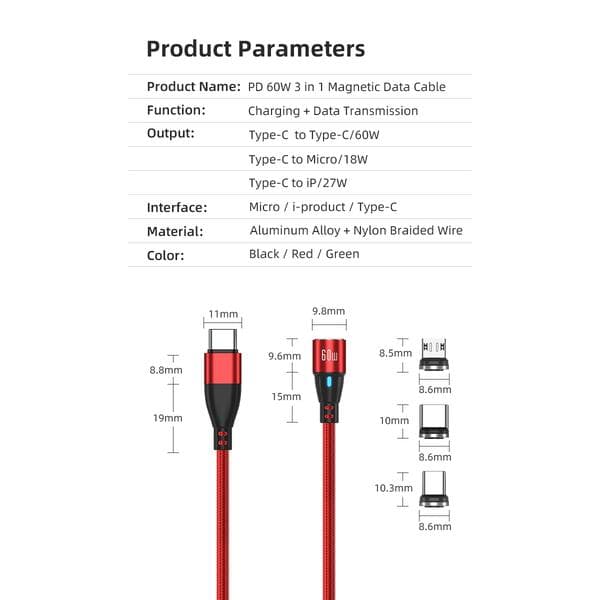 2-pack USB-C 2m 3-in-1 Magnetic Charging Cable 60W Fast Charging Black Black Svart