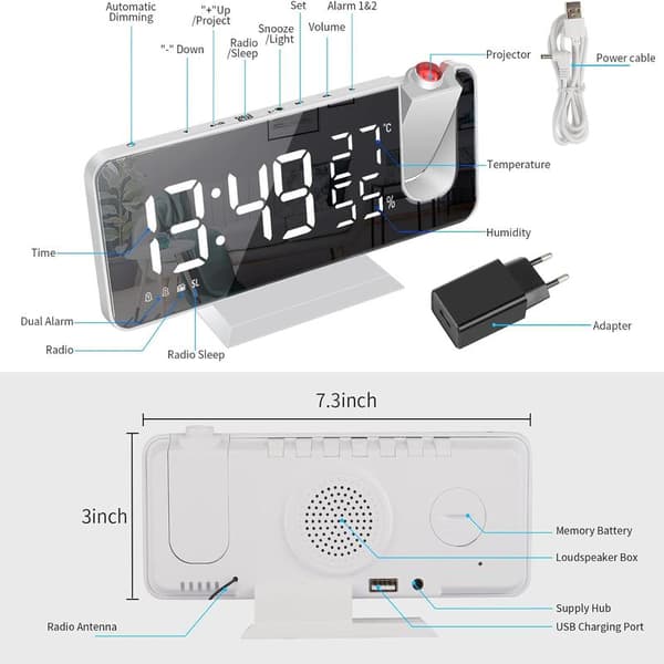 Projector Alarm Clock, Clock Radio with Temperature, Humidity, 7.5 Inch Mirror LED Screen, with Automatic Dimming Function, (White)