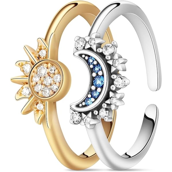 Himmelsk sol og måne overlay ring, skinnende sammen sol og måne overlay ring, diamant sæt åben ring, venskab løfte ring til kvinder piger