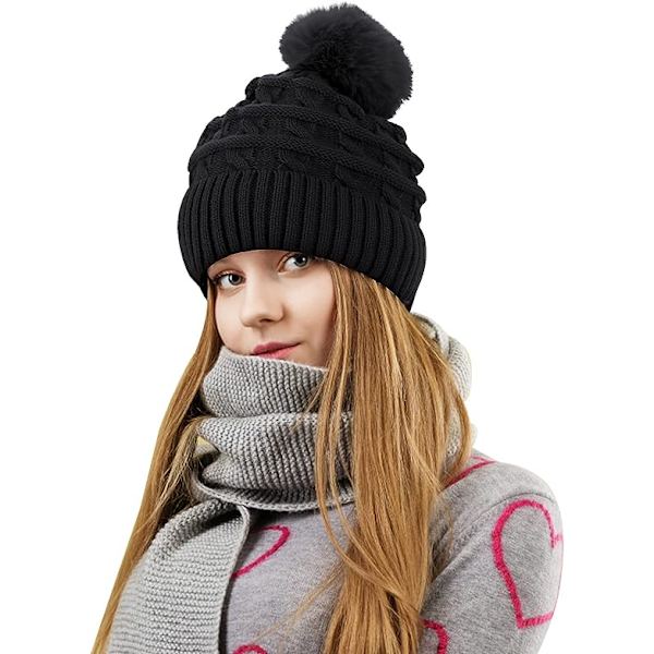 Bobble Hat til Kvinder Vinter Hue Hatte Termisk Fleece Foret Hat Dame Strikket Uld Hatte med Faux Fur Pom Pom Black