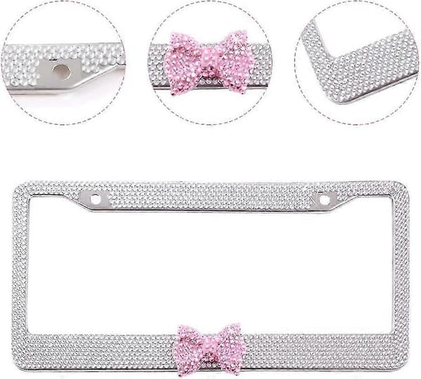 2 stk. nummerpladeramme, nummerpladedæksel i rustfrit stål til de fleste standardmodeller White Frame - Pink Butterfly