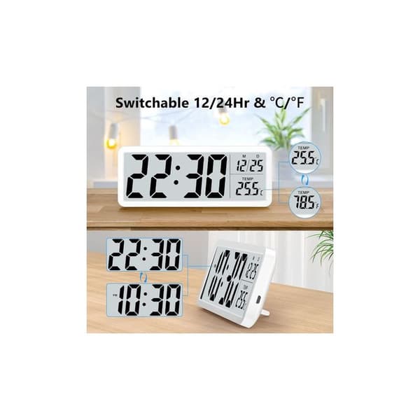 Batteridriven digital väggklocka, digital väggklocka med stora siffror, temperatur, 12/24 timmar, bordsklocka, digital klocka White