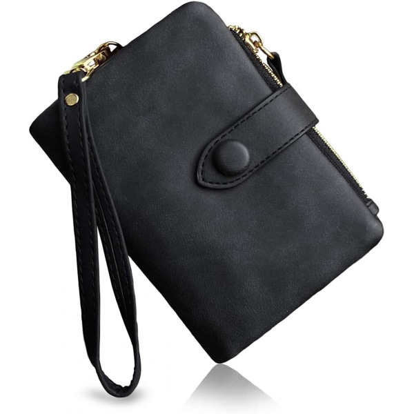 Womens Small Bifold Leather Wallets Rfid Ladies Wristlet with Card slots id window Zipper Coin Purse--- Black