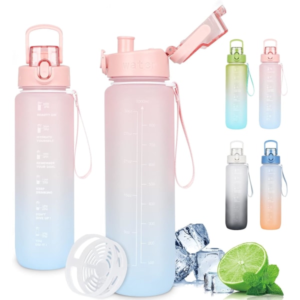Vattenflaska 1L, Dryckesflaska Läcksäker, Vattenflaska med tidsmarkeringar och filter - Rosa Gradient
