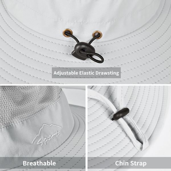 Solhatte til mænd og kvinder, fiskehat UPF 50+ åndbar bredskygget sommer UV-beskyttelseshat Light Grey