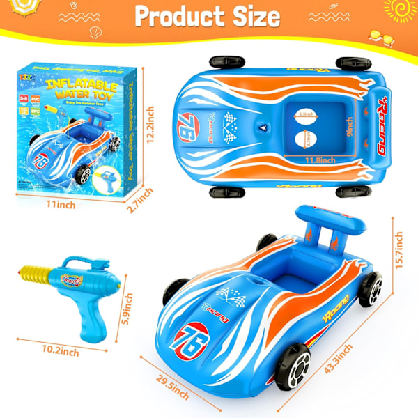 Oppustelig racerbil pool float med vandpistol - Sjov at ride på for børn i alderen 4 - 8, sommer udendørs swimmingpool legetøj til drenge og piger blue 47*10939cm