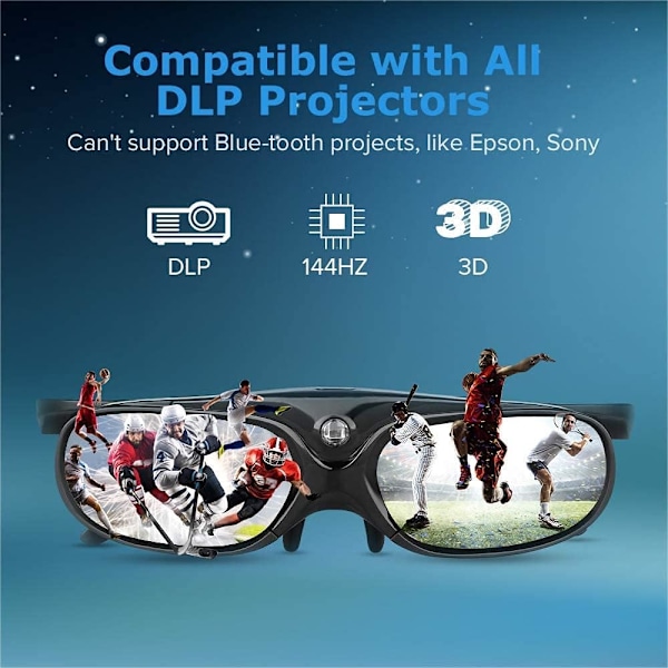 DLP 3D-glasögon, 144Hz laddningsbara 3D aktiva slutareglasögon för alla DLP-Link 3D-projektorer, kan inte användas för TV-apparater Black 1 pcs