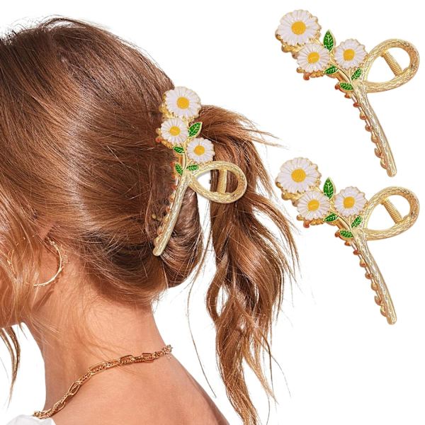 Blommiga hårklämmor klo 2 st för kvinnor Daisy blomma metall stor halkfri stark metall fjäril hårklämmor glittrande hålla hårkäftklämmor Flower-Daisy