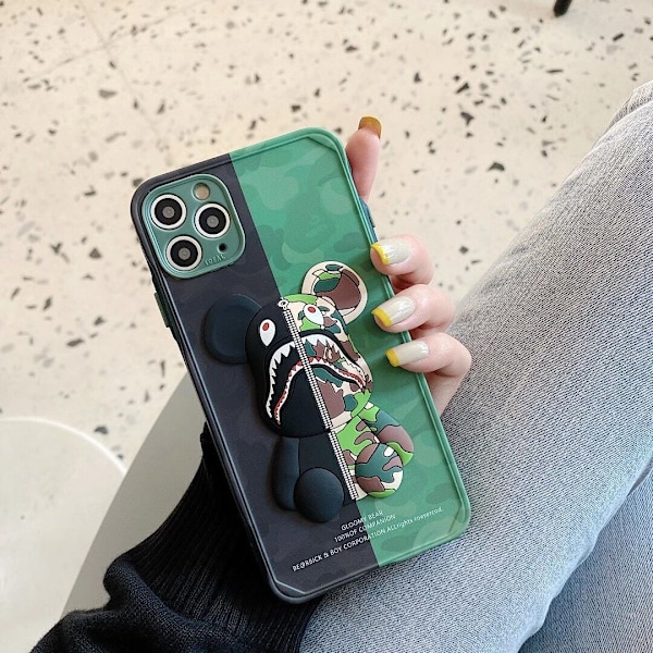 iPhone 12 Skal Camo Björn Design för Pojkar Flickor, Cool Armégrön 3D Tecknad Mönster Mode Stöttåligt Anti-Rep Silikon Heltäckande