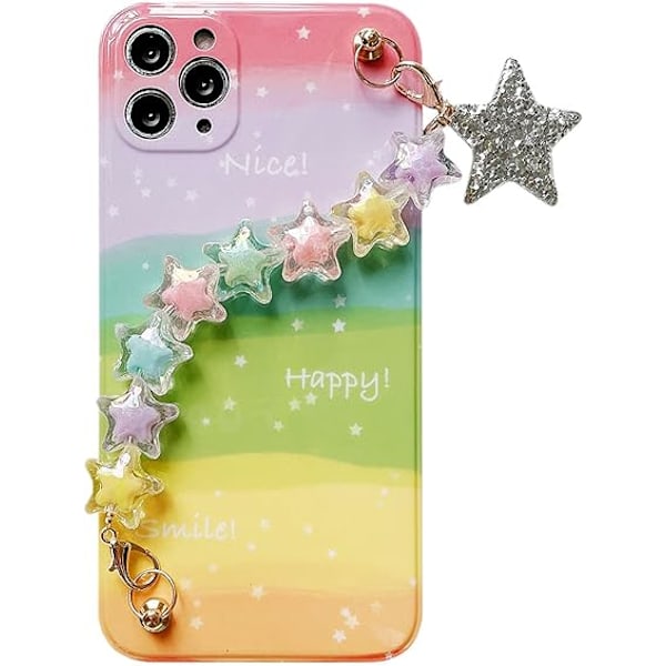 Gradient Regnbue Deksel Kompatibelt med iPhone 12 Pro Max Søt Kawaii 3D Krystall Fargerik Stjerne Håndstropp Design Myk TPU Beskyttende