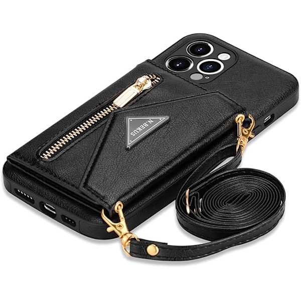 Plånboksfodral Crossbody för iPhone 13 Pro med Snodd Kreditkortshållare, PU Läder Skyddande Handväska Dragkedja Ställ