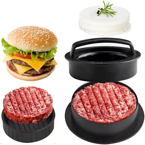 3-in-1 Burgeriprässi - Tarttumaton pihvimuotti täytetyille burgereille, slidereille ja kasvispihveille, helppo puhdistaa, grilliin ja keittiöön Black