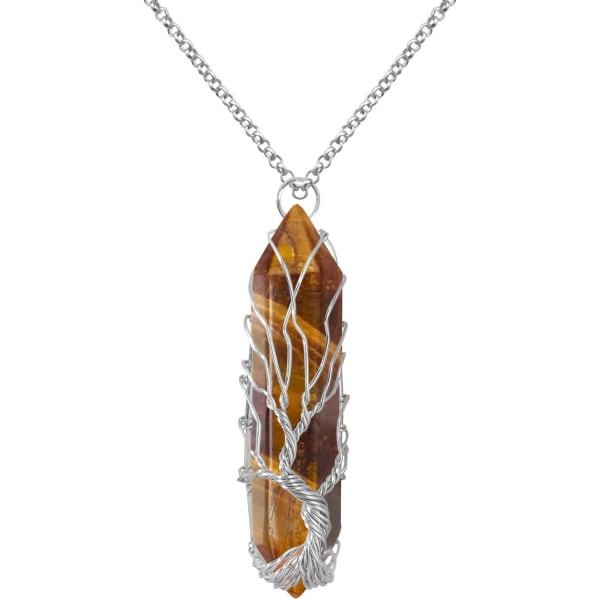 Läkande kristallhalsband Livets träd Tråd lindad natursten Punkt Hänge Halsband Hexagonal Reiki Spirituell Kvarts Ädelsten Smycken för kvinnor M Tiger Eye Silver