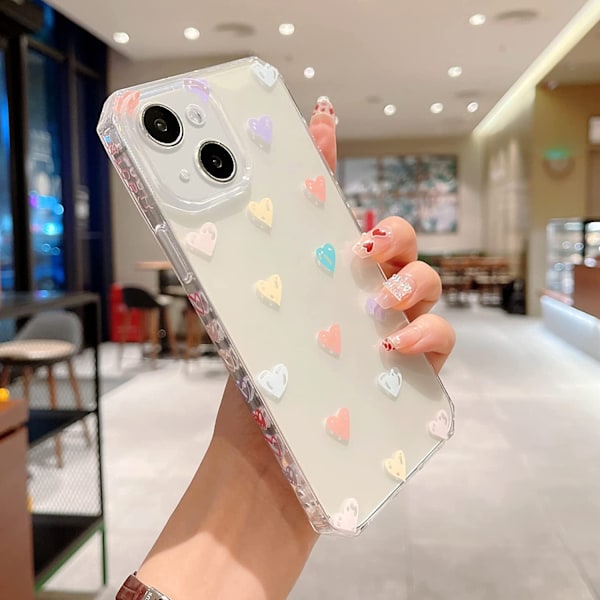 Värikäs Love Heart -kuori yhteensopiva iPhone 13 6.1 tuuman 5g -puhelimen kanssa, neliönmuotoinen kirkas puskuri, söpö pieni sivukuvio naisille ja tytöille S
