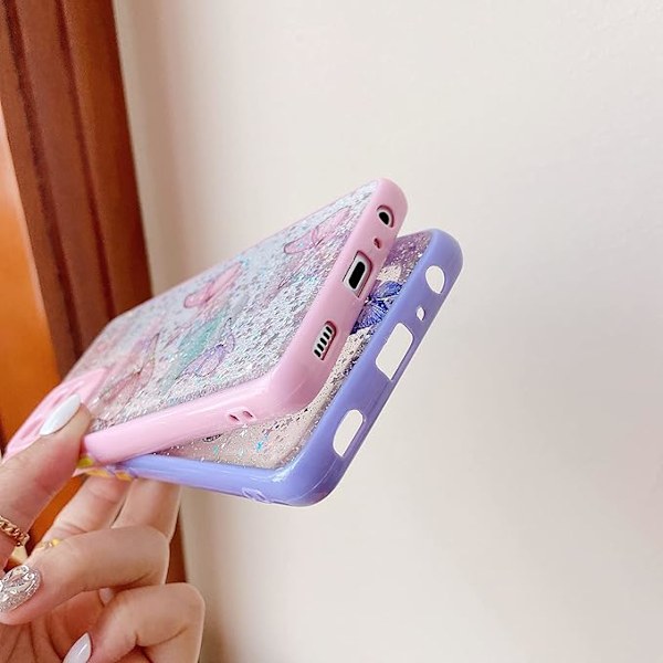 TPU-takakuori Samsung Galaxy A52 ja A52s 5G -puhelimille, läpinäkyvä glitter-nestesilikonikuori perhoskuviolla, naarmuuntumaton ja iskunkestävä