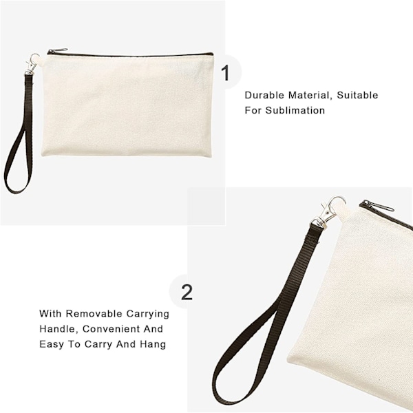 10 stk. Canvas Kosmetikpung med Sort Lanyard Bærbar Multifunktionel Blank DIY Craft Taske til Rejse Makeup Taske White