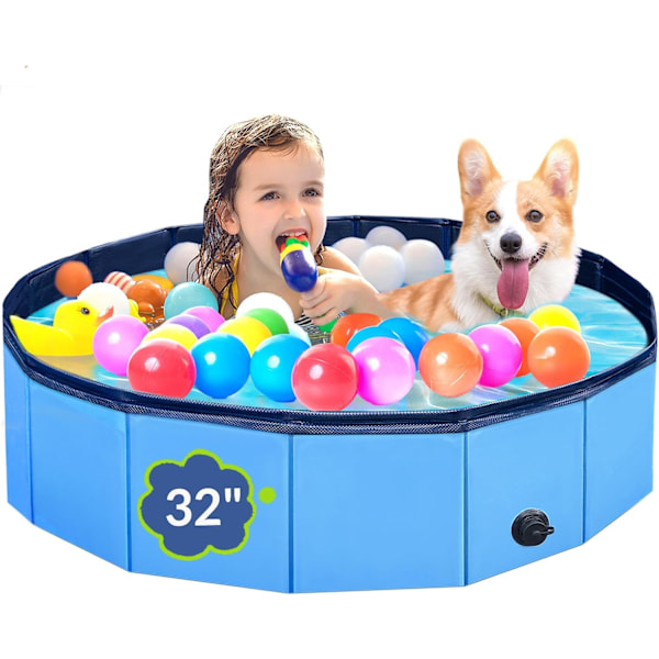 Foldbar Hundepool til Små Kæledyr - 6mm Hård Plast Sammenklappelig Kæledyrs Badekar Skridsikker Hurtig Opsætning & Dræning 81x20cm BLUE 80x7.62 cm