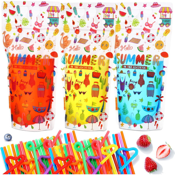 100 kpl Kirkkaita uudelleensuljettavia juomapusseja pilleillä - Läpinäkyviä muovisia pystypakkauksia kylmille ja kuumille juomille, 16oz kapasiteetti Summer